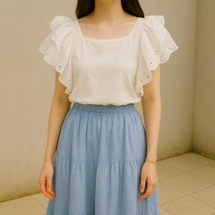 【ハート刺繍が可愛い♡】シュープリームララ＊フリル袖ブラウス／フレンチスリーブカットソー／オフホワイト／Mサイズ❤️