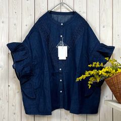 未使用 フリルブラウス デニムシャツ コットン ネイビー フリー
