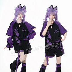 🌟3点セットアップ🌟　地雷系 量産型 闇かわいい 猫耳パーカーセットアップ｜ブラック×パープル｜レディース ゆめかわ ジャージ風 病みコーデ コスプレ風 ストリートファッション　サイバー　渋谷　原宿　界隈　おしゃれ　かわいい