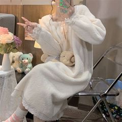 ルームウェア レディース もこもこ ワンピース パジャマ 女性用 ふわふわ あったか 可愛い ホームウエア 部屋着 室内着 長袖パジャマ 大人 防寒 保温 秋 冬 軽量fuzhuang812