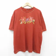 XL/古着 半袖 ビンテージ Tシャツ メンズ 90s 花 大きいサイズ クルーネック 濃オレンジ系 25aug18 中古