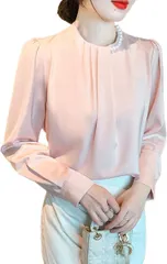 WEARBIE ウェアビー パール付き シフォンブラウス トップス 長袖 オケージョン きれいめ レディース ドレス フォーマル カットソー エレガント オシャレ 春服 トロミ シャツブラウス ロングシャツ オフィスカジュアル(ピンク,  L)