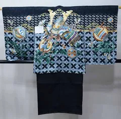 七五三 五歳 男児 羽織・着物・襦袢3点セット L寸 豪華絢爛 綸子地 黒地 兜 お仕立て無料 祝着 NO37780-2