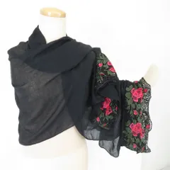 ショール ポリエステル 薔薇模様 レースショール 黒ｘ赤ｘ緑