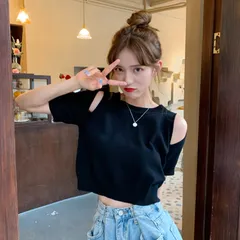 Tシャツ オフショルダー デザイン トップス インナー 夏 ショート丈 スリム 半袖 ニット レディースFS629