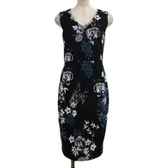 バナナリパブリック BANANA REPUBLIC ワンピース Iライン 膝丈 花柄 スリット ノースリーブ 00 黒 白 ブラック ホワイト