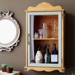 キャビネット 扉付き 木製 ガラス 収納棚 スリム 薄型 キッチン 卓上 壁掛け 2段 壁面収納 本棚 小物 ブロカントなウォールガラスキャビネット