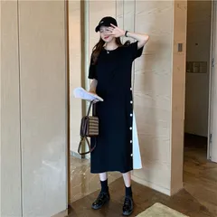 切替ワンピース 半袖 ボタン付 サイドプリーツ ロングTシャツ 大人 可愛い Tシャツワンピ Aライン ワンピース 春 夏 カジュアルanmeis01