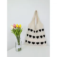 ☆ アイボリー ☆ レディース ニットトートバッグ ニット トートバッグ 大きめ ニットトートバッグ ニットトートバック ニットバッグ ニットバック 手提げ トート 肩掛け ハート柄 ハート レディース ニット生地 軽量 軽い 持ちやすい 伸縮性