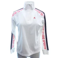 ルコックスポルティフ Le coq sportif GOLF COLLECTION ゴルフウェア ポロシャツ カットソー 鹿の子 ハーフジップ スタンドカラー プリント ライン 刺繍 長袖 M 白 ホワイト /AU