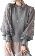 ONE UMB (ワン アンブ) ワンアンブ レース パフスリーブ ニット ブラウス セーター カットソー ニットソー トップス( グレー,  M)