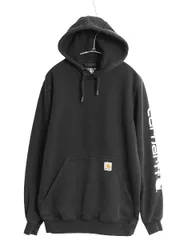 【お得なクーポン配布中!】 カーハート スウェット フード パーカー メンズ S 古着 袖 ロゴ プリントトレーナー 裏起毛 プルオーバー ミドルウェイト ワンポイント 黒