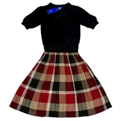 未使用 BLUE LABEL ブルーレーベル ニットワンピース 黒 赤系 チェック 半袖レディース サイズ36 Sサイズ