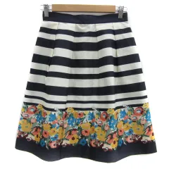 組曲 クミキョク KUMIKYOKU フレアスカート ミモレ丈 ボーダー柄 花柄 2 マルチカラー 紺 ネイビー /YS6