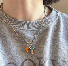 【新品 未使用】きのこ＆スマイルチャームのカラフルビーズネックレス