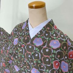小紋 洗える着物 裄65.5cm 身丈168cm 花柄 袷 お洒落着 普段着 ポリエステル 緑 美品 M サイズ 3874