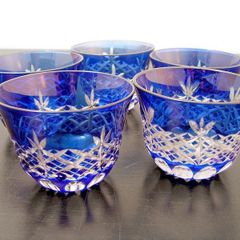 美品】最高級 HOYA クリスタル 切子 小鉢 5客セット 瑠璃色 猪口 冷酒