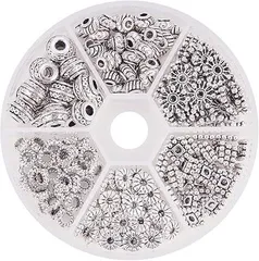 【在庫処分】PH PandaHall 約216個入り 6種類 メタルビーズ 古銀色 合金 スペーサービーズ 菊座 花座 座金 チャーム チベット風 ジュエリー製作 アクセサリーパーツ DIY用 クラフト ブレスレット ネックレス 手作り素材 シルバー