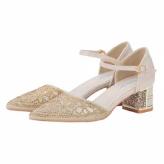 [MORE AUNI] オケージョン パンプス レディース 結婚式 ポインテッドトゥ ビジュー チャンキーヒール 5cm ブラック ベージュ ゴールド シルバー ワインレッド 歩きやすい 安定感 快適 3426  [ベージュ / 3426] [23.5 cm]