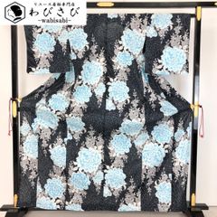夏着物 浴衣 乱菊 牡丹 桜 銀彩 黒色 トールサイズ K-5033