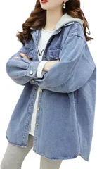 FAAMEE(フェイミー) デニムシャツ フード付き おしゃれ アウター 長袖 レディース ドッキング ゆったり 大きいサイズ オーバーサイズ 秋(インディゴブルー,  L)