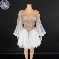 新品 未使用 社交ダンスドレス ベリーダンス衣装 フリル ミニスカート ロングスリーブ 全面ダイヤモンド シースルー ステージ イブニングドレス【5カラー選択可能】