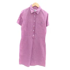 ラコステ LACOSTE シャツワンピース ポロカラー 半袖 ひざ丈 チェック柄 ロゴ刺繍 42 XL ピンク 紺 ネイビー /HO42