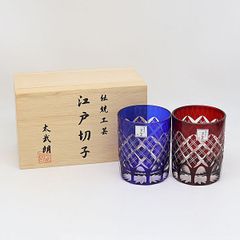 新品木箱入り】江戸切子ペアグラス 五ノ輪七宝紋様 タンブラー2点 