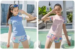 キッズ 水着 女の子 トップス (半袖) ショートパンツ セパレート 上下セット パッド付 160cm