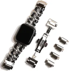 Royce&Roland Apple watch 編み込みバンド 40mm 41mm 42mm / バタフライバックル おしゃれ アップルウォッチ 時計 バンド/ステンレス 本革/シルバー 9(シルバー/ブラック,  40mm 41mm42mm)