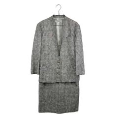 Hanae Mori◆セットアップ ハナエモリ リネン混 チェック グレー系 金ボタン レディース サイズ 9A3 6