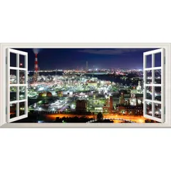 絵画風 壁紙ポスター (はがせるシール式) -窓の景色- -地球の撮り方- 夜の宝石箱 工場萌えする四日市コンビナートの工場夜景 パノラマ 【窓仕様／トリックアート】 キャラクロ C-ZJP-024MS1 (1152mm×576mm) ＜日本製＞