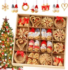 【迅速発送】クリスマスツリー オーナメント 52点セット クリスマス飾り 麦わら細工 ストロー わら 雪花 てるてるぼうず クリスマスプレゼント 装飾品 花輪 紐付き クリスマスプレゼント 木箱入れ (52個セット)