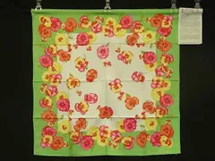 ■美品■ JIM THOMPSON ジムトンプソン シルク100% パンジー 花 スカーフ ストール ショール ライトグリーン系×マルチカラー DE8616