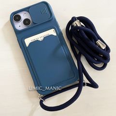 iPhone 13 / 14 ケース スマホ ショルダー シリコン系 肩掛け 紐付き 収納 ネイビー 紺色 紺