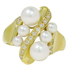 本物 パール 3.6-6.4mm ダイヤモンド 0.16ct K18 YG リング 指輪 16号  