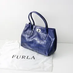 美品 フルラ FURLA クロコ型押し レザー トートバッグ /ブルー ハンドバッグ ターンロック 底鋲 スクエア【2400014237443】