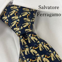 サルヴァトーレ・フェラガモ ネクタイ ネイビー 鳥柄 シルク 紺色