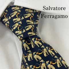 《美品》Salvatore Ferragamo (サルヴァトーレフェラガモ) イタリア製 シルクネクタイ 総柄 犬 ホーン ネイビー イエロー レッド ブルー