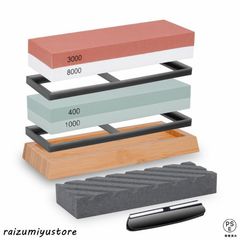 砥石 セット 包丁研ぎ石 両面砥石 包丁研ぎ砥石400 1000、3000 8000荒砥 中砥 仕上げ砥石 滑り止め竹砥石台 修正 砥石面 直し 角度固定ホルダー付き砥石