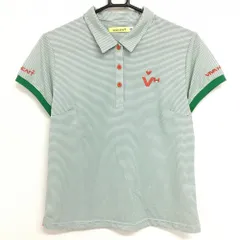 【超美品】ビバハート 半袖ポロシャツ グリーン×白 ボーダー風 ロゴ刺しゅう レディース 42(L) ゴルフウェア VIVA HEART