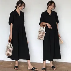 Vネック 襟付き ロング ワンピース フレアワンピース 膝下 ロング ロング丈 袖あり 半袖 5分袖 五分袖 スキッパー フレア Aライン 切り替えデザイン プリーツ ハイウエスト かわいい 大人可愛い きれいめ シンプル カジュアル 大人 上品 おしゃれ 大