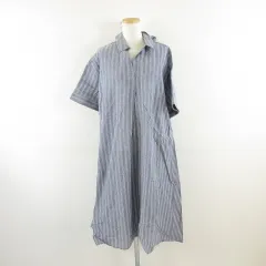 アースミュージック&エコロジー EARTH MUSIC & ECOLOGY スキッパーシャツワンピース ストライプ 七分袖 ひざ丈 グレー 白 F *A581