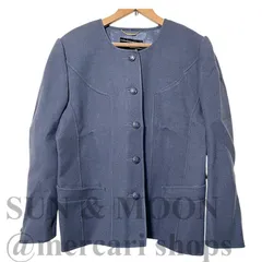 レリアン Leilian ノーカラージャケット ネイビー グレー 9号 M相当ウール100％