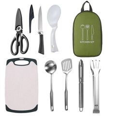 新品 キッチンツール セット ８点セット キャンプ用 収納バッグ付き コンパクト 調理器具セット ペティナイフ ピーラー キッチンバサミ まな板 お玉 ステンレス アウトドア 家庭用 手入れ簡単 持ちやすい (グリーンバッグ)