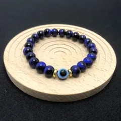 邪眼とブルータイガーアイのブレスレット・☆鮮やかなロイヤルブルーのタイガーアイに邪眼（イーブルアイ）を組み合わせたワンランク上の魔除け・スピリチュアルブレスレット☆ナザールボンジュウ☆サイズ調整応相談