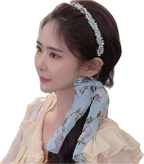 リボンカチューシャ 髪飾り パール ラインストーン  シフォン アレンジ ブルー 卒業式　入学式　結婚式　二次会　髪飾り　ヘアアレンジ　セルフ　簡単