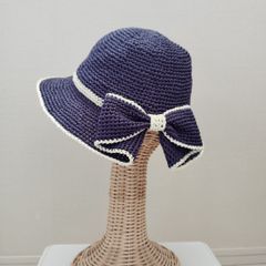 サマーハット：春夏用・バックリボン《ディープシー×オフホワイト》 ハンドメイド