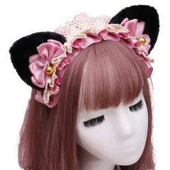 [FUPUTWO] ヘッドドレス ロリータ ねこ耳 カチューシャ メイド リボン コスプレ 髪飾り (黒耳・ピンク) [黒耳・ピンク]