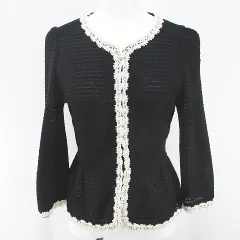 フランコフェラーロ FRANCO FERRARO ノーカラージャケット 薄手 1 黒系 ブラック パール調 レース 刺繍 シースルー 透け感 ホック 綿 コットンのサムネイル